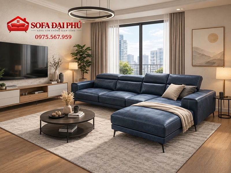 Không gian phòng khách hiện đại bài trí bộ sofa góc màu xanh đậm với phần góc L chaise dài bên trái