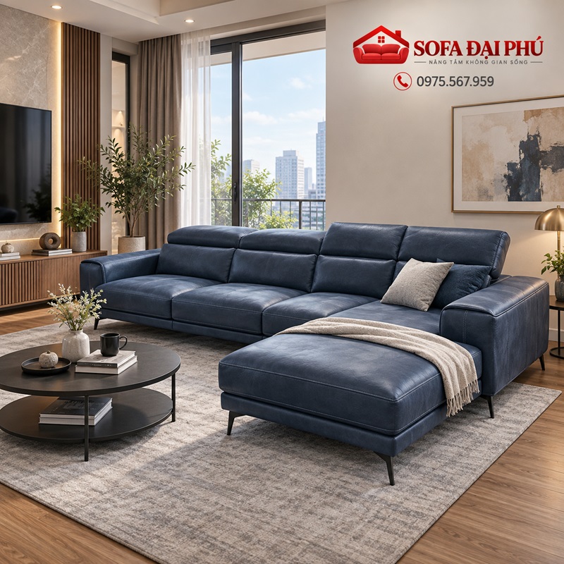 Bộ sofa da góc L màu xanh navy cao cấp phối cùng bàn trà đôi tròn đen và thảm nỉ xước của Sofa Đại Phú