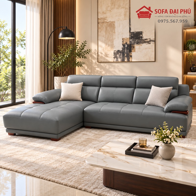 Bộ sofa da góc L màu xám tro kết hợp chi tiết ốp gỗ tự nhiên tay vịn