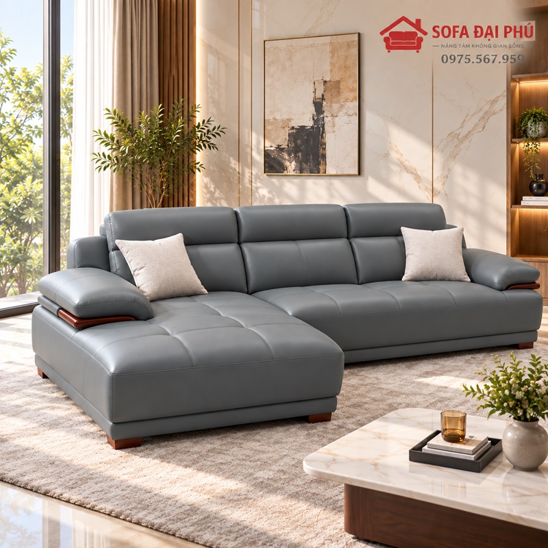 Không gian phòng khách căn hộ hiện đại bài trí bộ sofa góc màu xám tro rút múi ô vuông vô cùng ngăn nắp