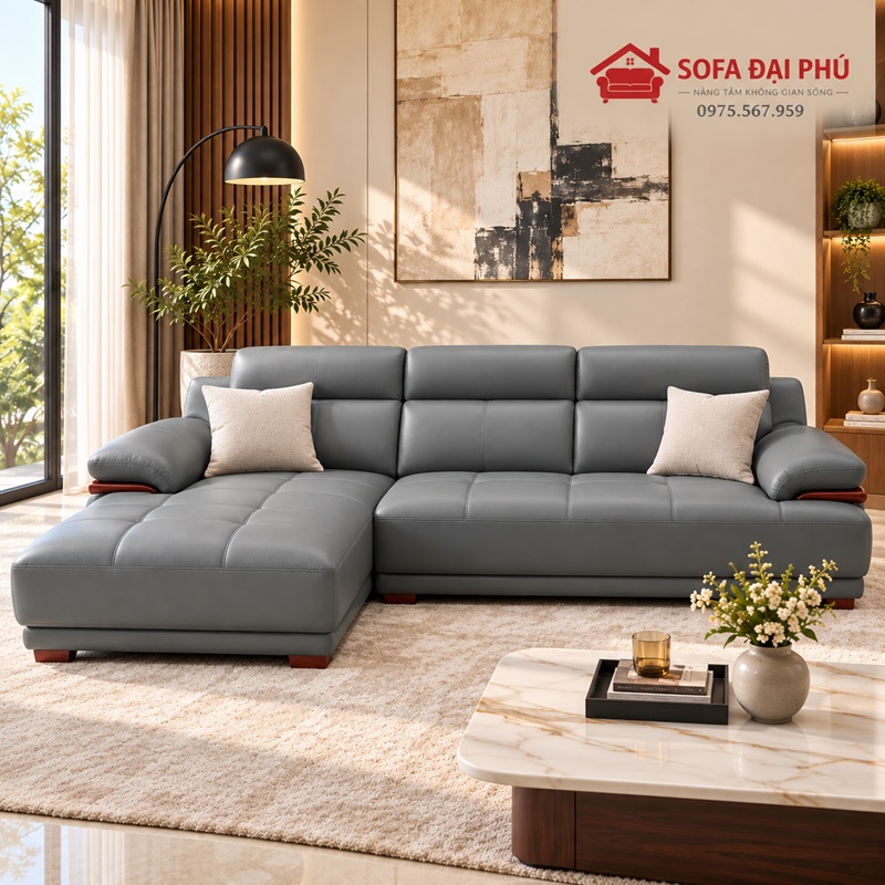 Góc chụp trực diện bộ bàn ghế sofa phòng khách màu xám charcoal phối cùng đèn cây phòng khách dáng cong