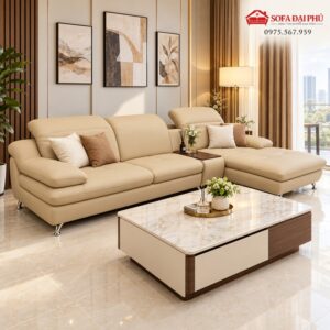 Chi tiết hông tay vịn bo phao thoải mềm mại và chân kiềng mạ chrome của bộ sofa cao cấp màu kem bơ