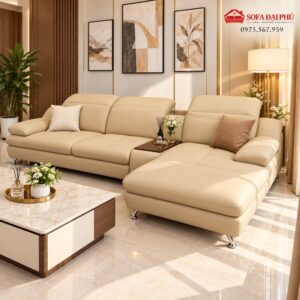 Góc chụp xéo phần góc L chaise dài rộng rãi và hệ tựa lưng phân múi nâng hạ thông minh của bộ ghế sofa màu kem