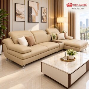 Không gian phòng khách căn hộ ấm cúng bài trí mẫu sofa đẹp tone màu kem sữa đặt cạnh cửa sổ đón nắng