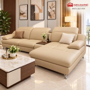 Bộ sofa da góc L màu kem bơ tích hợp tab gỗ tiện lợi