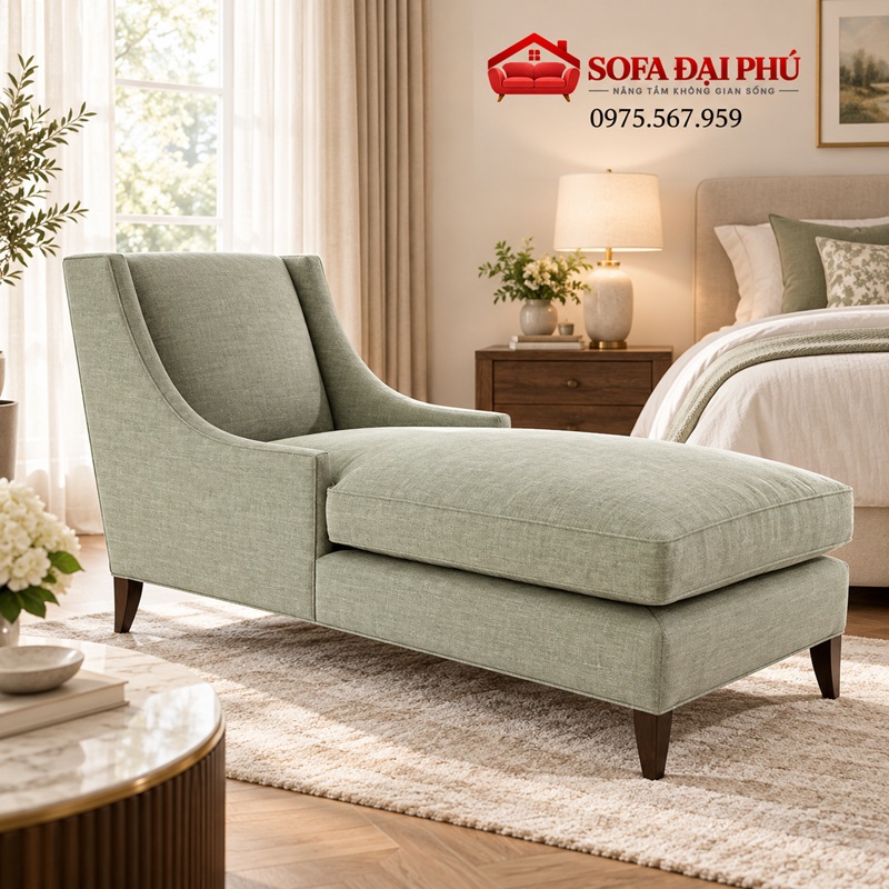 Ghế sofa thư giãn dáng dài màu xanh mint vải bố dài 2000mm đặt cạnh giường ngủ lớn của Sofa Đại Phú