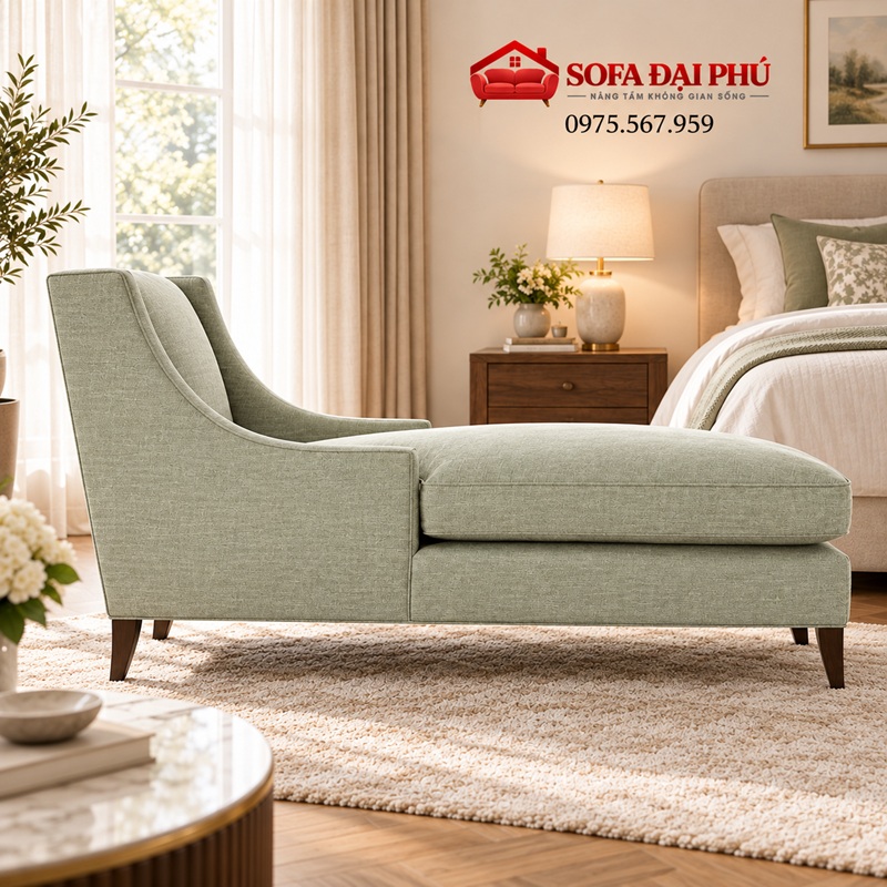 Mẫu sofa đẹp dáng ghế lười thư giãn dài màu xanh bạc hà vải bố thô chân gỗ nêm óc chó