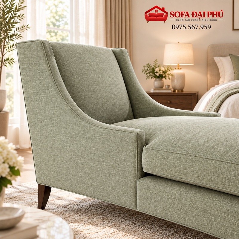 Góc chụp xéo cạnh tựa lưng cao công thái học của chiếc ghế nằm đọc sách chất liệu vải bố