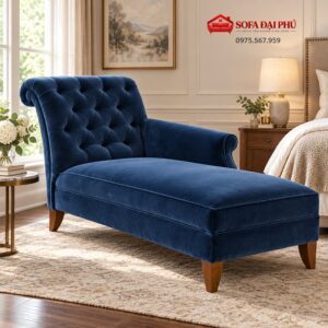 Ghế sofa thư giãn tân cổ điển màu xanh tím than nhung đặt cạnh giường ngủ lớn phòng master
