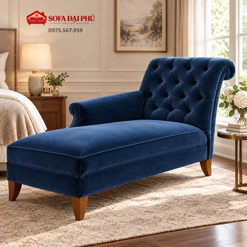 Mẫu sofa đẹp dáng ghế sofa thư giãn dài màu xanh midnight blue bọc nỉ nhung chân gỗ nêm tự nhiên