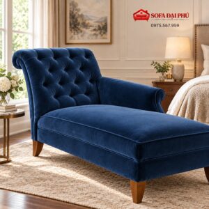 Góc chụp xéo tựa lưng rút múi trám thủ công tinh xảo của chiếc ghế sofa thư giãn màu xanh tím than