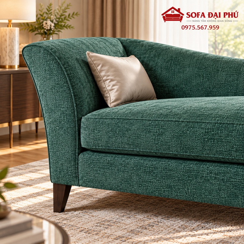 Góc chụp xéo bệ đệm đôi dày dặn đi kèm gối tựa của chiếc ghế sofa thư giãn màu xanh lục bảo