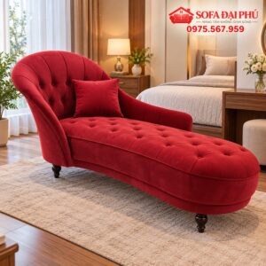 Ghế sofa nằm thư giãn tân cổ điển màu đỏ nhung đặt cạnh giường ngủ master của Sofa Đại Phú