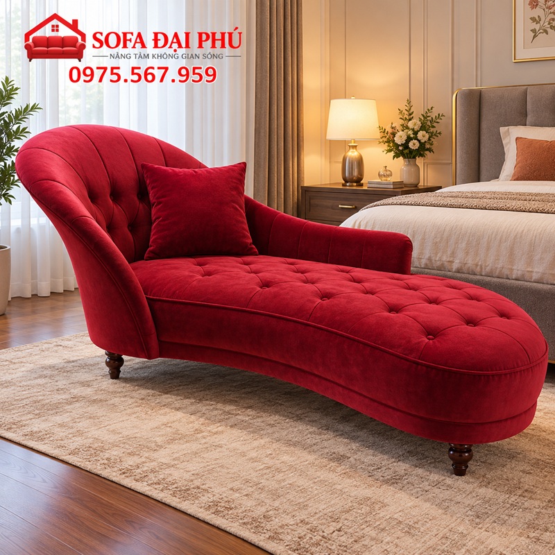 Mẫu sofa đẹp dáng ghế lười dài màu đỏ crimson bọc vải nỉ nhung rút múi trám hoàng gia