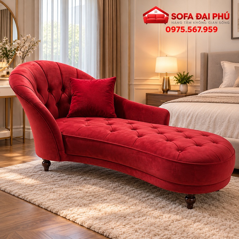 Không gian phòng ngủ sang trọng bài trí chiếc ghế sofa đơn nằm thư giãn phối cùng thảm nỉ lông xù